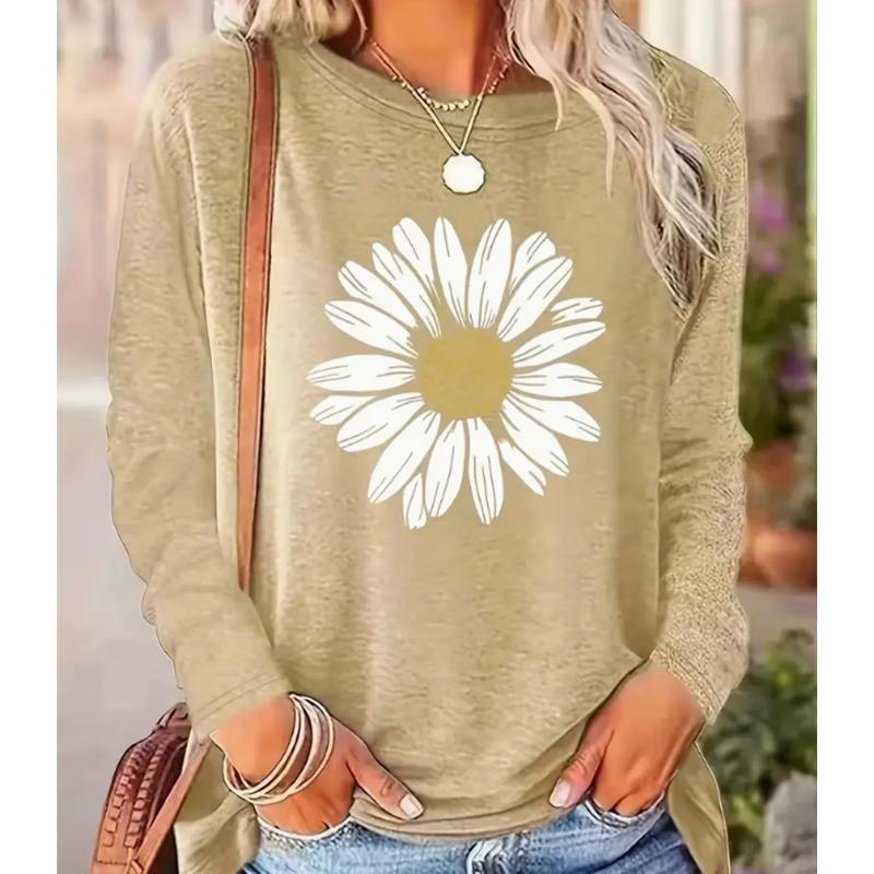 

2025 Осень и Зима Женский Новый Повседневный Топ с Круглым Вырезом и Длинным Рукавом с 3D Цветочным Узором 8XL бежевый