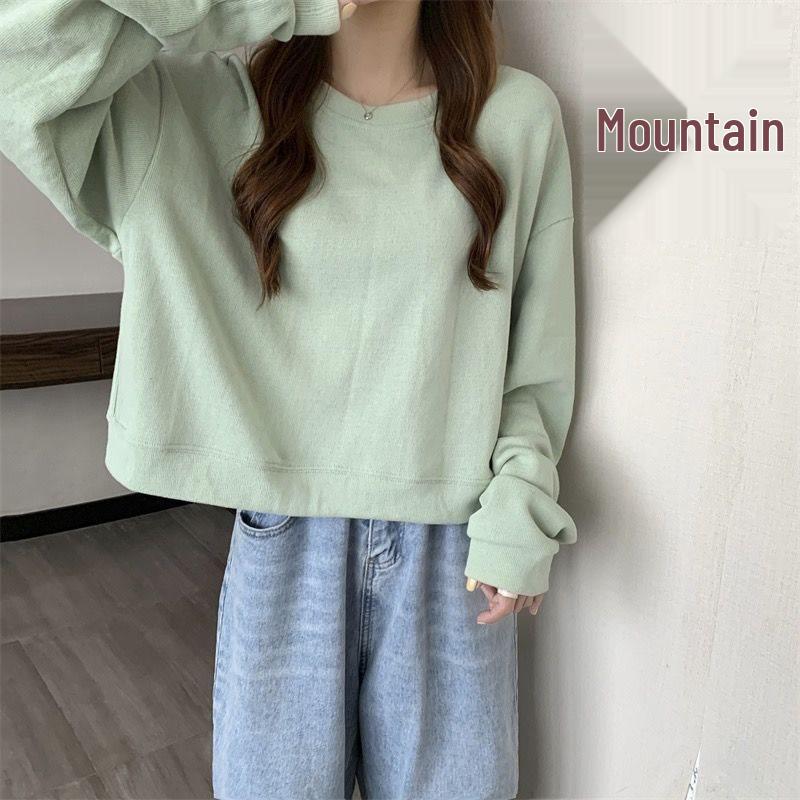Korean Style Solid Color Women's Sweatshirt – Spring/Autumn, Round Neck, Long Sleeve, Loose Short Top