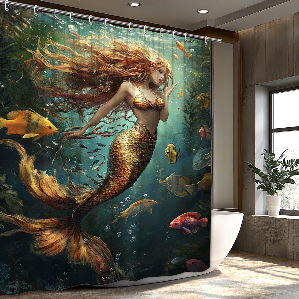 

Mermaid Shower Curtain Red Hair Golden Tail Colorful Fish Seaweed Polyester Washable With 12 Hooks For Bathroom Decor W60H190(CM)-1 Pcs