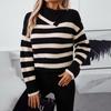 Vintage Loose Stand Collar Long Sleeve Stripe Knitwear Sweater Pullover Top Autumn Winter