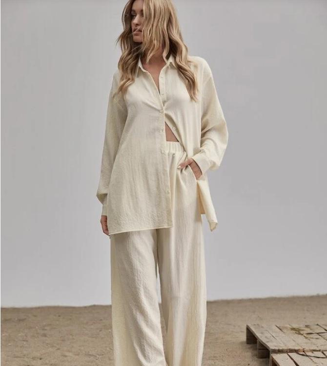 

Женский однотонный повседневный костюм осень 2022 г.: Рубашка с длинным рукавом и брюки с эластичным поясом XL покинуть белый