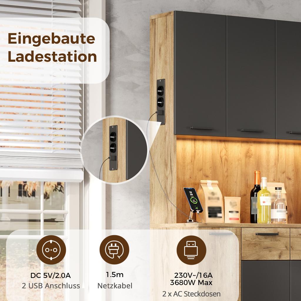 Kitchen Cabinet with LED, Shelf with Socket and 4-Tier Pull-Out Spice Rack, Wine Rack and Display Cabinet for Kitchen & Dining Room, 180 × 100 × 40 Cm