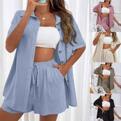 Shorts da moda feminina, dois conjuntos de camisa de cor sólida, manga curta solta casual, roupas femininas de peito único