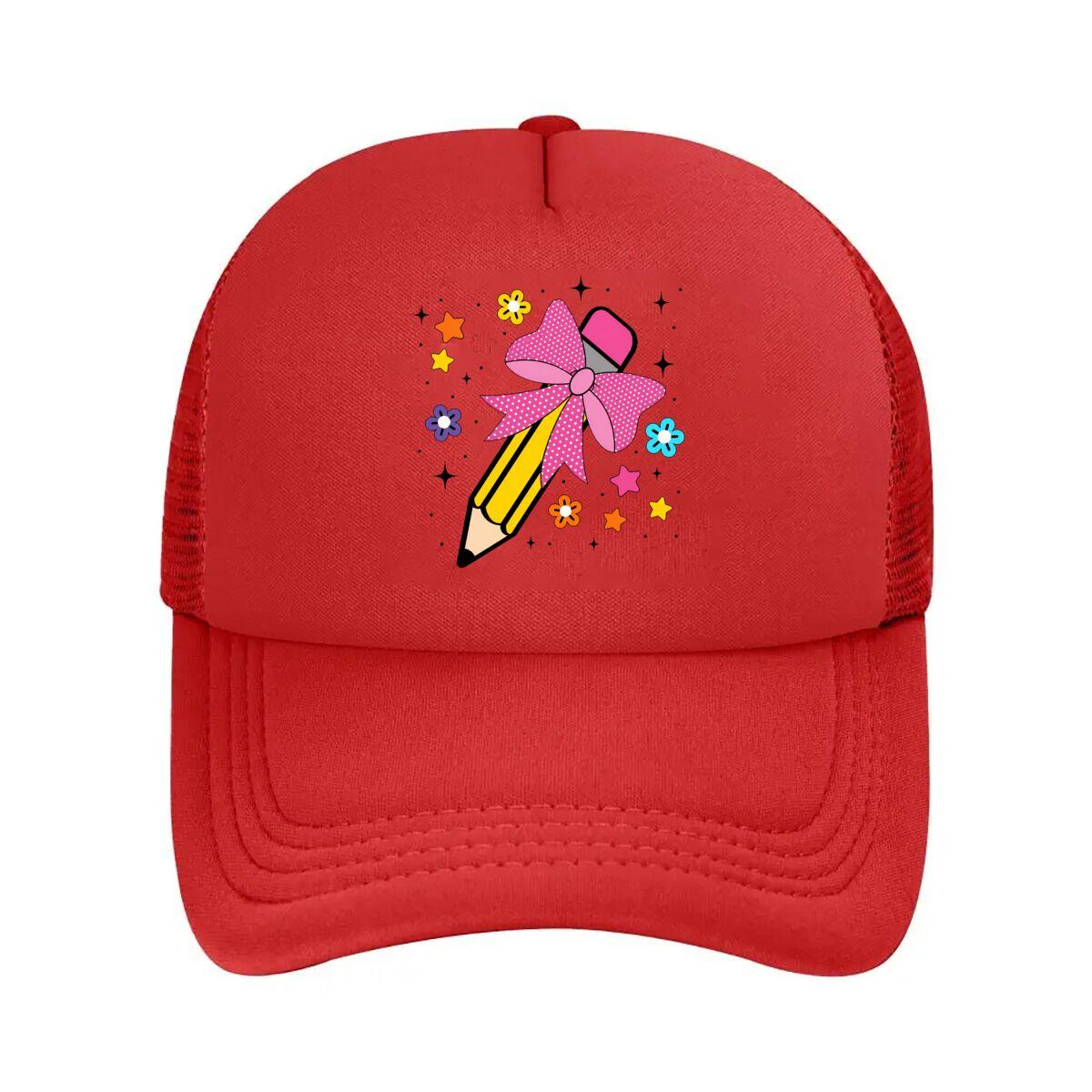 s Yellow Pencil With Pink Polka Dot Bow Mesh Baseball Cap Hip Hop Adjustable