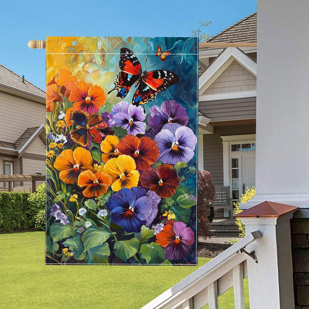 1pc, Spring & Summer Floral Garden Flag, Double-Sided Polyester Welcome Yard Decor, Outdoor Lawn Decoration, No Electricity Needed, Butterfly & Chrysa
