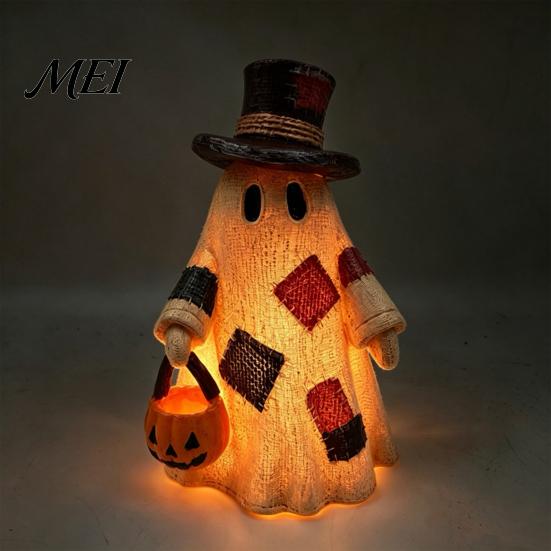 Rustic Fall Home Decor Lighted Patchwork Ghost Resin Figurine with Pumpkin Lantern, Farmhouse Style Halloween Thanksgiving Table Decorations Tabletop
