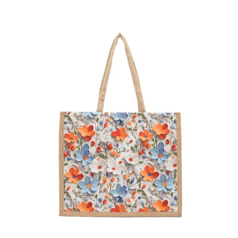 Linen zipper handbag women's new flower pattern large capacity tote bag going out to work commuting linen bag