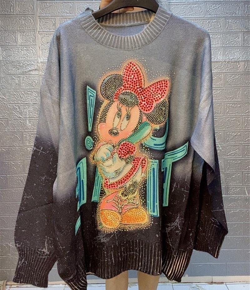 Gradient Cartoon Rhinestone Long Sleeve Sweater - Women's Loose Casual Round Neck Knitwear for Autumn/Winter Fashion.