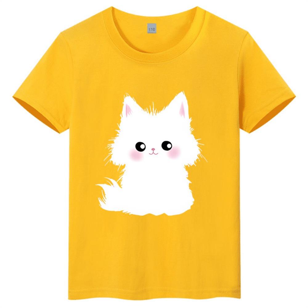 

Kitten Pattern Printed Children s T-shirt Pure Cotton Round Neck Short Sleeved Breathable Sweat Absorbing Parent-child T-shirt 100