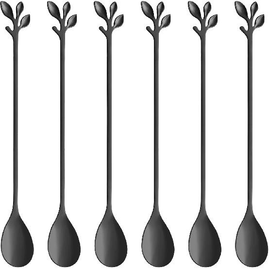 AnSaw 6-Piece Elegant Gold Leaf Long Handle Teaspoons - 7.4" Stainless Steel Stir Spoons for Coffee & Tea, Perfect for Mixing & Stirring