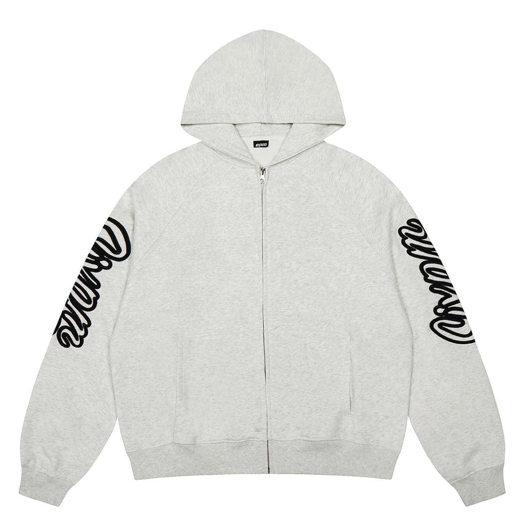 Trendige 6PM schwere Baumwoll-Reißverschlussjacke: Lockerer Schnitt, Streetwear-Stil mit aufgesetzter Stickerei.