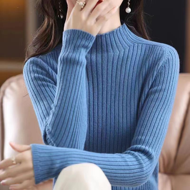 Solid Color Semi-turtleneck Bottoming Shirt Women's Inner High-end Sense Fashion Versatile Vertical Stripe Slim-fit Knitted Sweater Spring