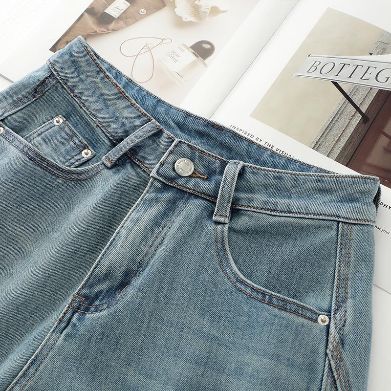 Women's Light Blue Extra-Long Curved Straight-Leg Jeans - 2025 Spring/Autumn Loose Wide-Leg Style