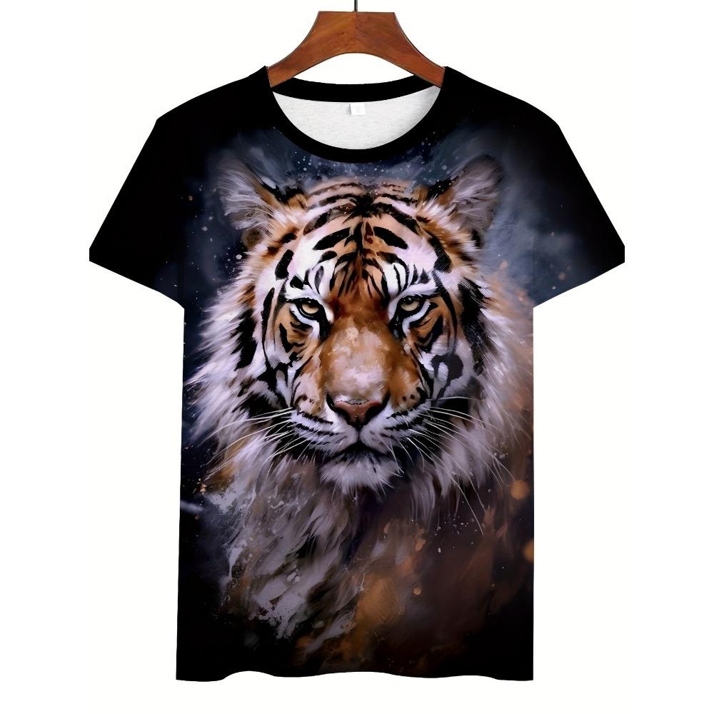 2026 Mens 3D Tiger Printed Short Sleeve Crew Neck T-Shirt Breathable Stretch Casual Fashion Tee Outdoor Party Weekend Wear Tops