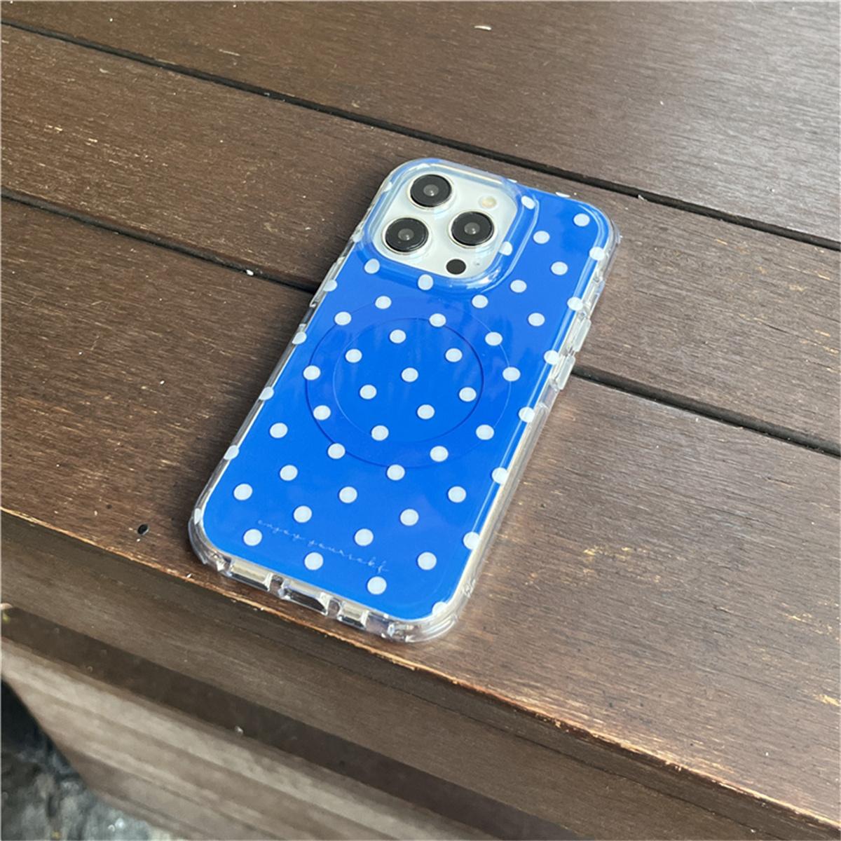 

Korean Blue Polka Dot Magnetic Phone Case For iPhone 16 Pro 14 15 Pro Max Cover with Cute Bread Stand Holder Cases Funda For iPhone 14