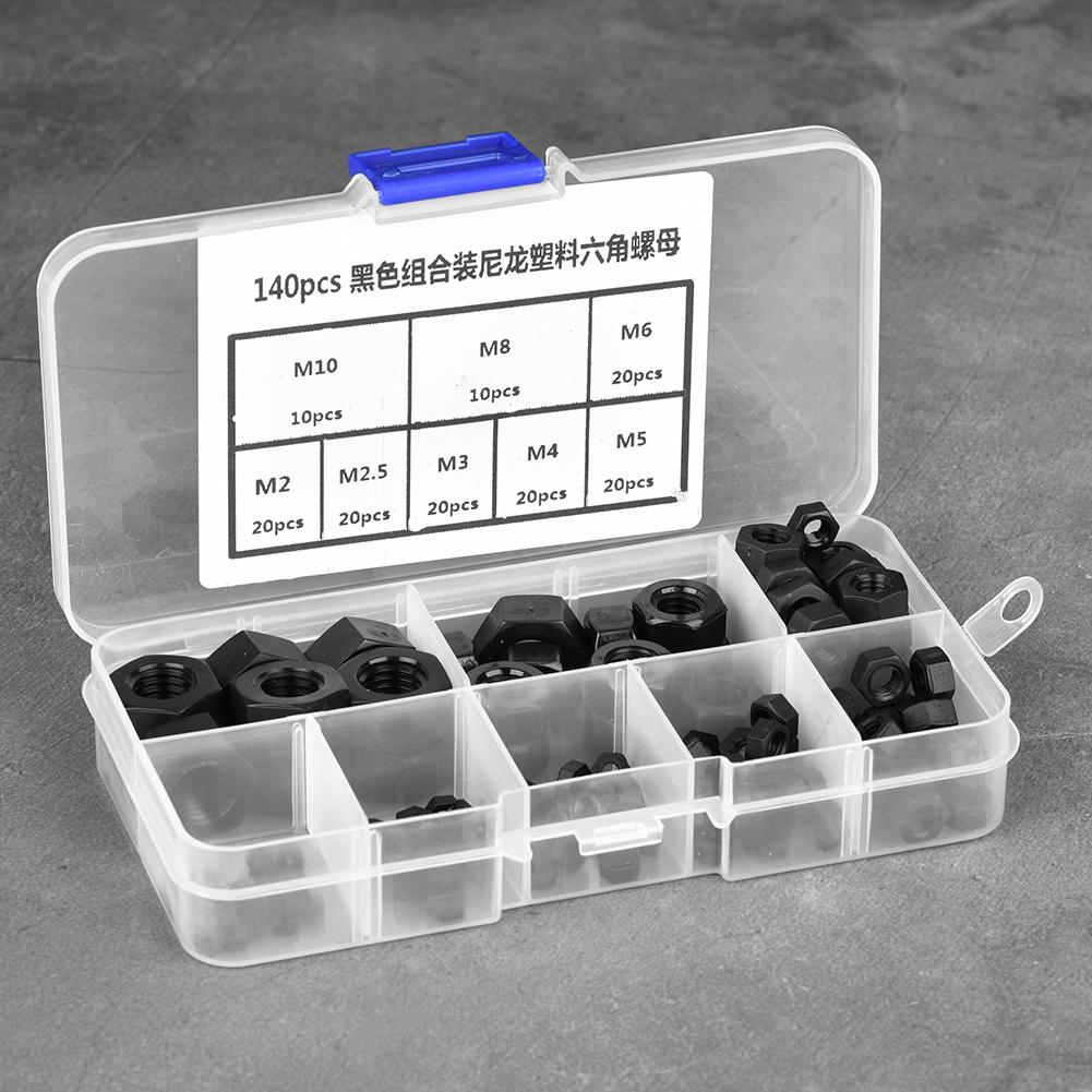 140pcs M2CelsiusM2.5CelsiusM3CelsiusM4CelsiusM5CelsiusM6CelsiusM8CelsiusM10 Thread Nylon Plastic Hex Hexagonal Nuts (Black)