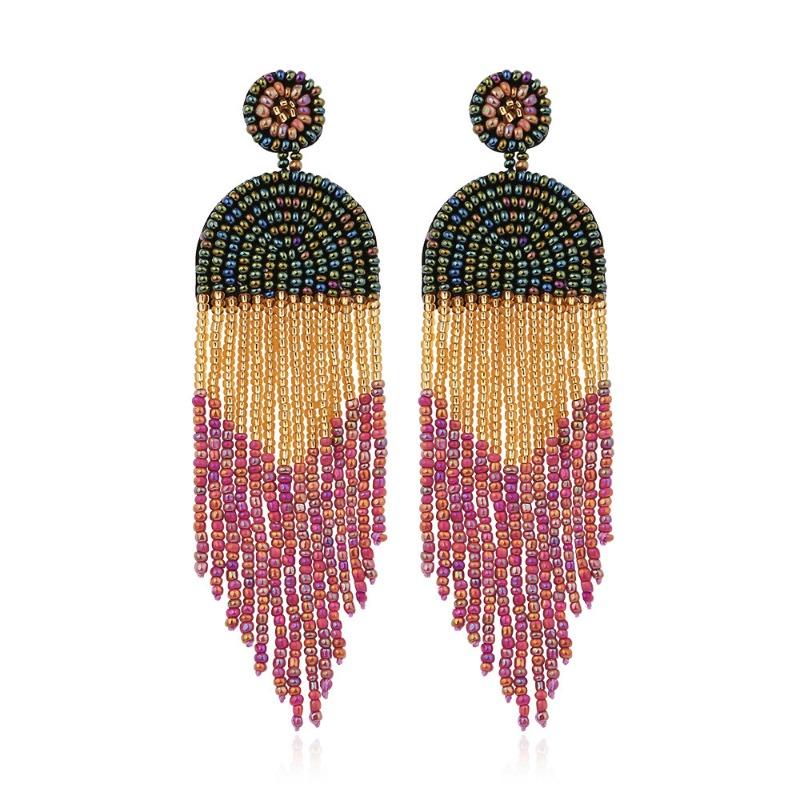 Fashion Retro Christmas Tassel Earrings Elegant High Quality Rice Beads Pentagram Hand-woven Long Earrings Green New Year Gift for Women