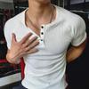 Men's Retro Cotton Henley Shirt - Coarse Thread 230g, Solid Color, Short-Sleeve Fitness Top