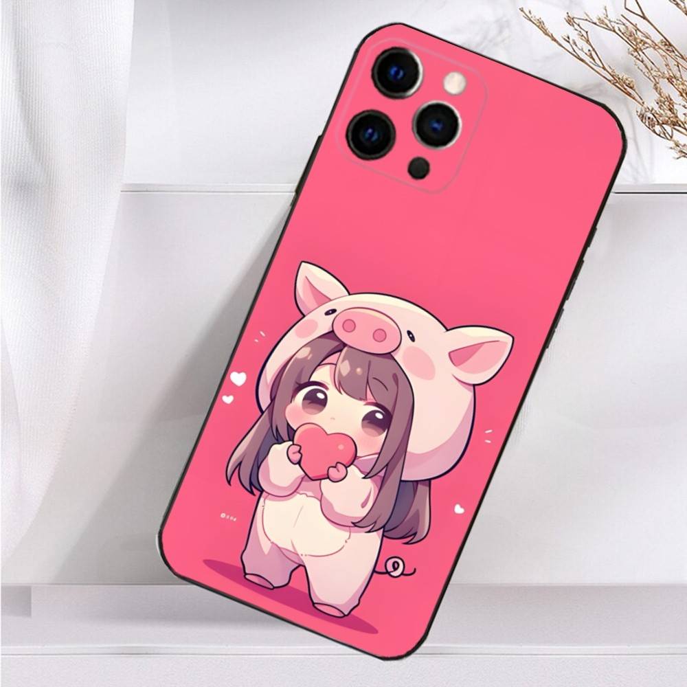 Beauty Girl Cartoon Pink  Case For iPhone 16,15,17,14,13,12,11 Plus,Pro Max,XS,X,XR,SE,Mini,8,7 Soft Silicone Black Cover