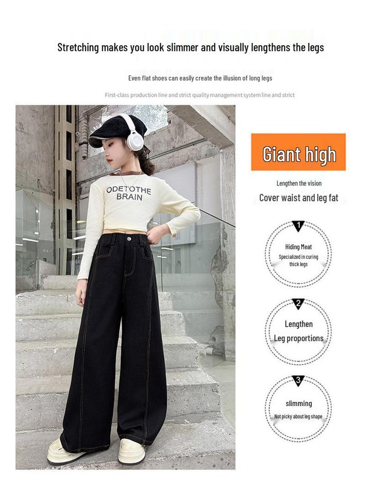 Girls' Wide-Leg Jeans - Fashionable Autumn Scimitar Pants for Middle Schoolers.