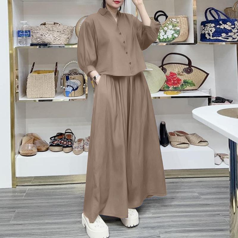 

ZANZEA Женская блузка с рукавом 3/4 и широкие брюки, повседневный комплект из двух предметов 5XL хаки