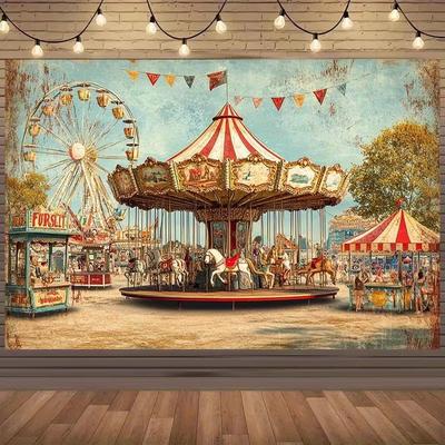 2D Retro Circus Backdrop, Vintage Carousel and Ferris Wheel Scene Photography Background Cloth