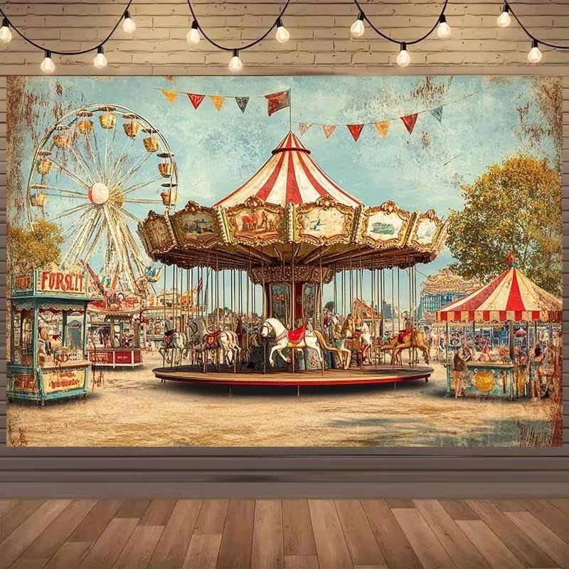 

2D Retro Circus Backdrop, Vintage Carousel and Ferris Wheel Scene Photography Background Cloth 47.2x31.5inch/120*80cm