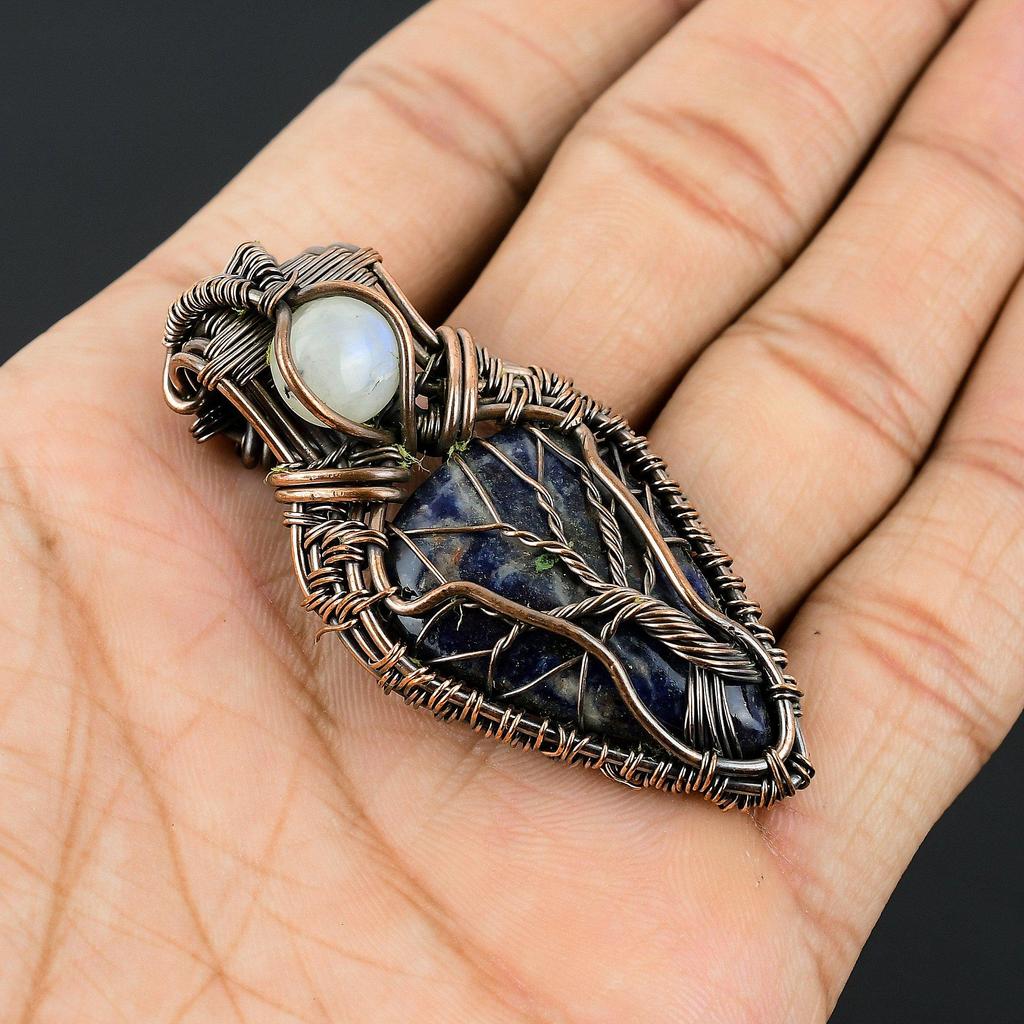 Sodalite & Rainbow Moonstone Pendant, Gemstone 999 Copper Wire Wrapped Jewelry Pendant, Handmade Jewelry Birthstone Pendant, Gift For Him