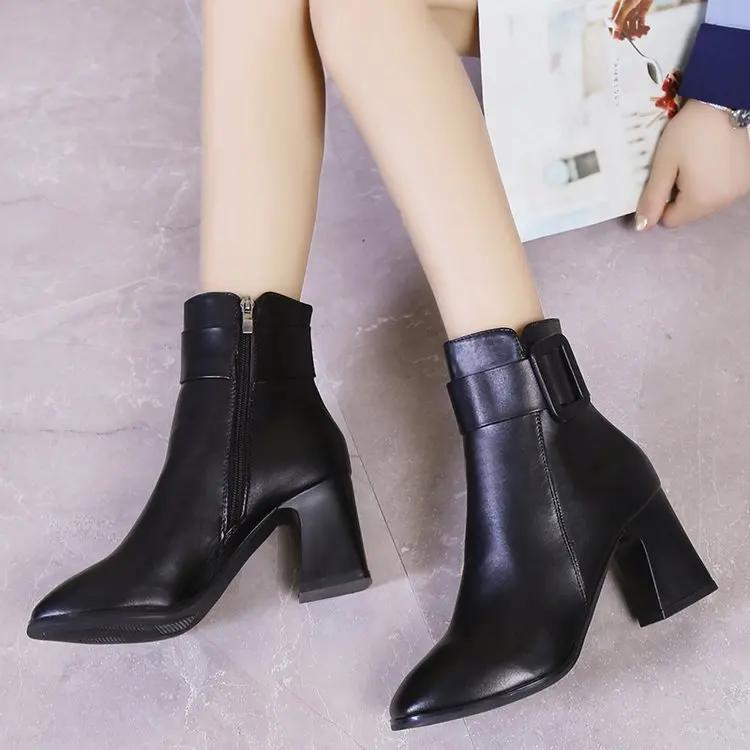 White Black Thick High Heel Ankle Boots Women 2026 Pointed Toe Keep Warm Elegant Short Booties Ladies Ankle Buckle Decoration