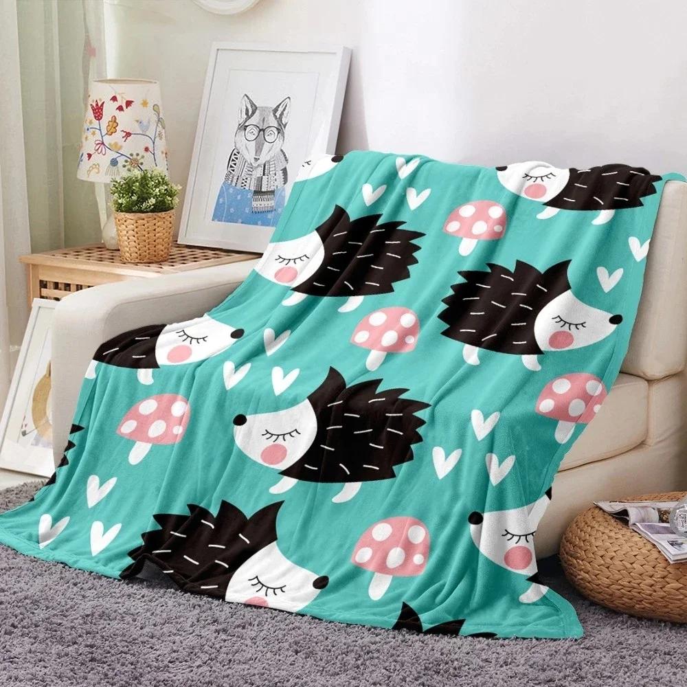Cartoon Hedgehog Flannel Blanket Soft Warm Lightweight Blanket Cute Animal Print Blanket for Bed Sofa Couch King Queen Size