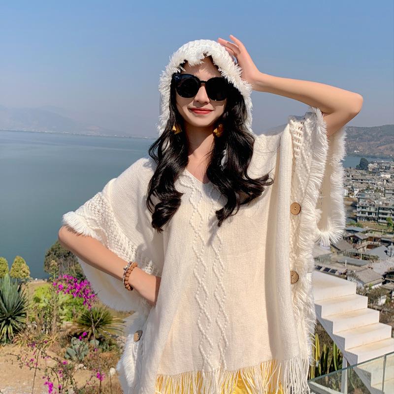 Weißer Mori Böhmischer Quasten Umhang Schal Pullover für Damen