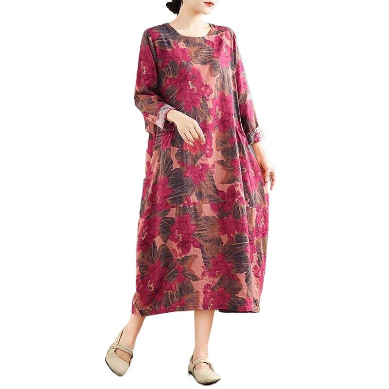 Round Neck Long Sleeve Loose Plus Size Long Dresses