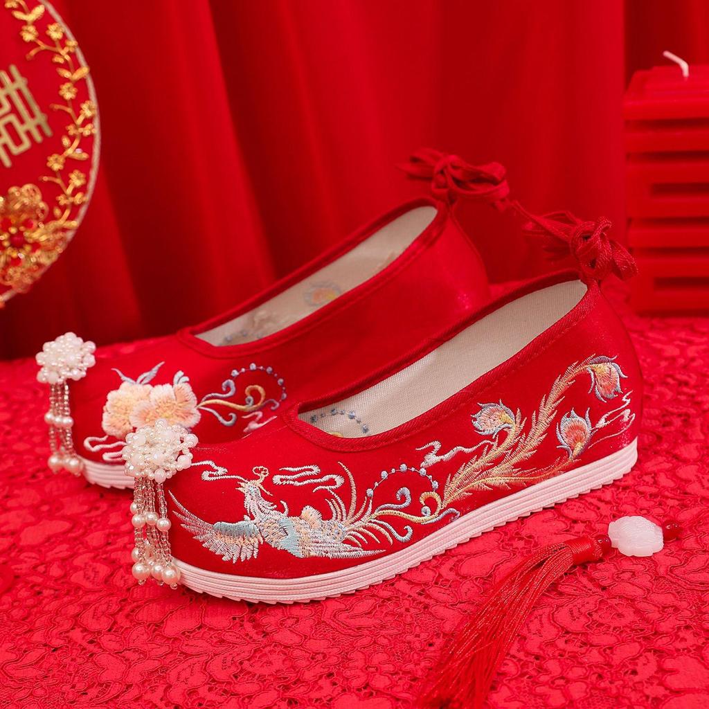 Xiuhua Women's Pearl Tassel High Heels - Ancient Style Pointed Toe Wedding Shoes for Bride, Hanfu Toasting Shoes