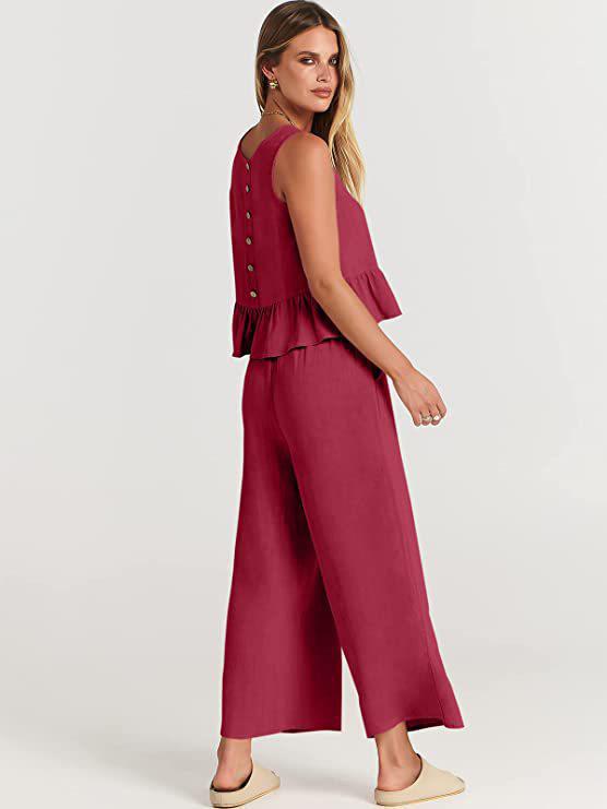 2025 Summer Women's Sleeveless Ruched Vest & Wide-Leg Cropped Pants Set