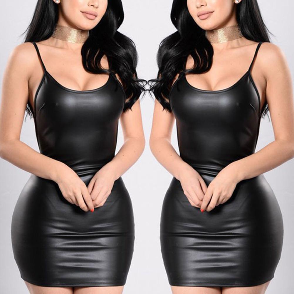 Comfortable Women Dress Nightdress PU Leather Short Wet Look