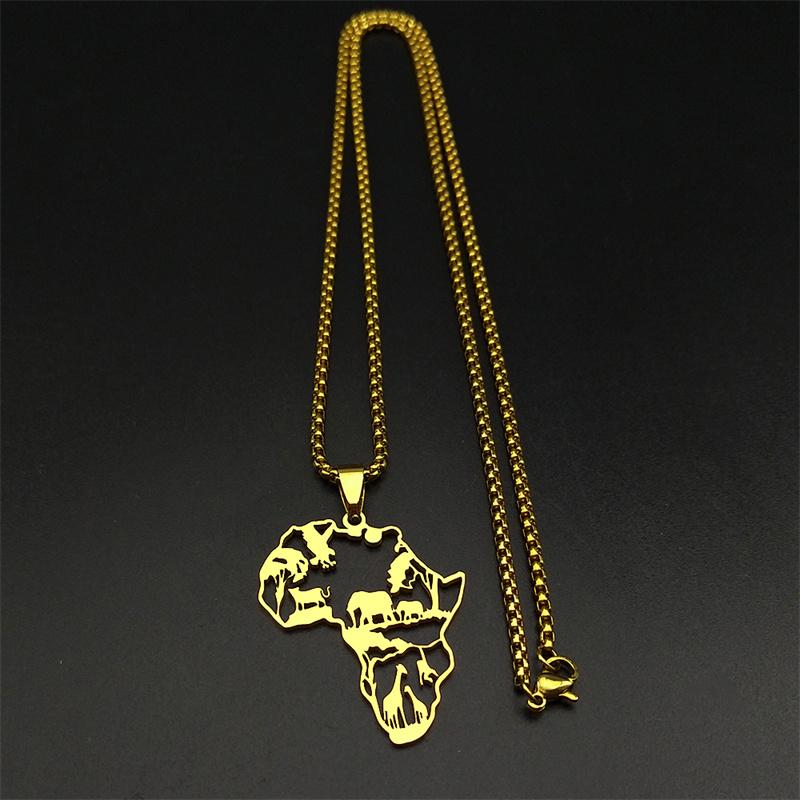 Africa Map Pendant Necklace For Women Men Stainless Steel Gold Silver Color Hollow Animal Nature Life Chain Jewelry Collar Gift