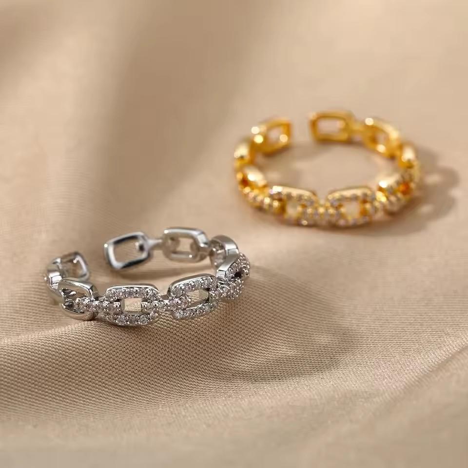 Luxury Zircon Geometry Twist Chain Open Rings for Women Gold Silver Color Elegant Finger Ring Wedding Jewelry Gifts