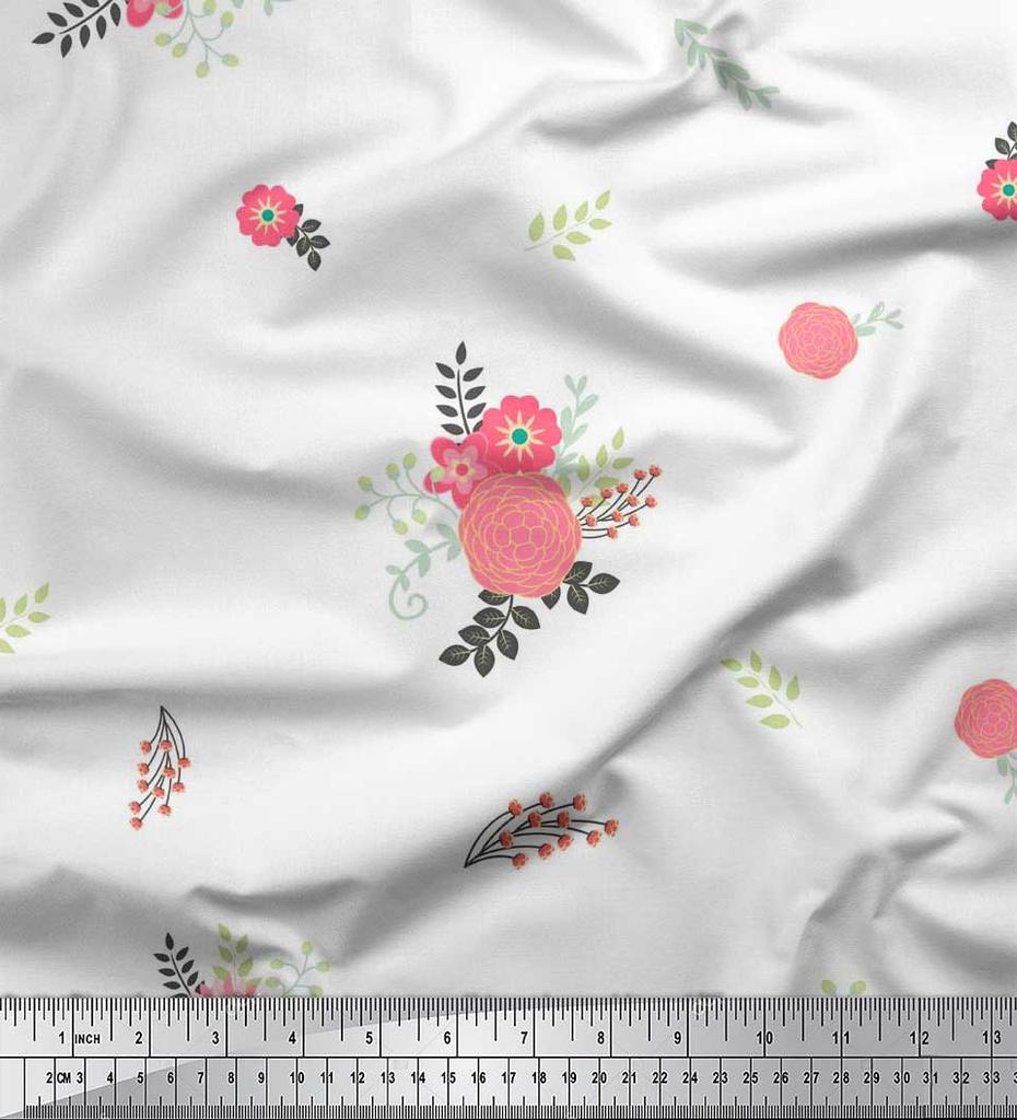 Soimoi Japan Crepe Satin Fabric Leaves,Aster & Camellia Flower Printed Craft Fabric by the Metre 42 Inch