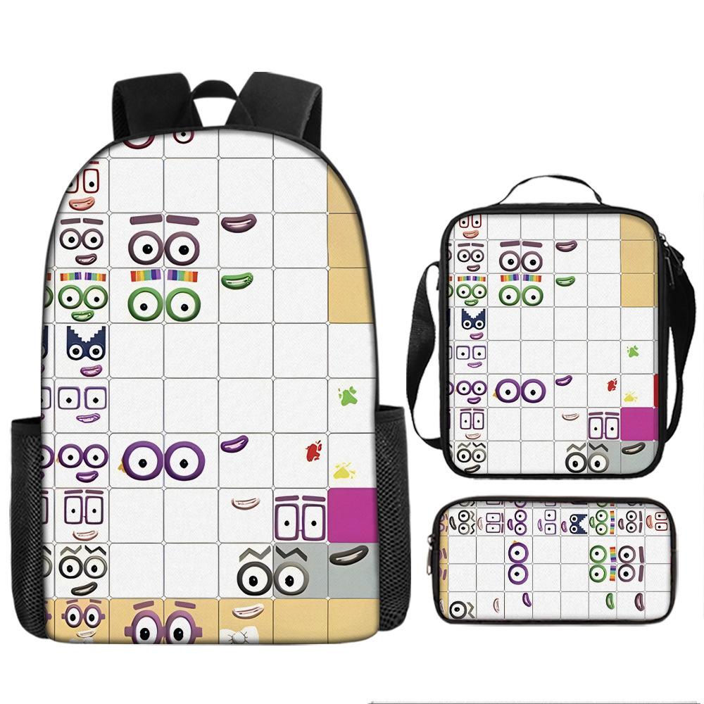 Digital Building Block Numberblocks School Bag Large Capacity Polyester Backpack Satchel Bag Pencil Bag Backpack Three-Piece Set