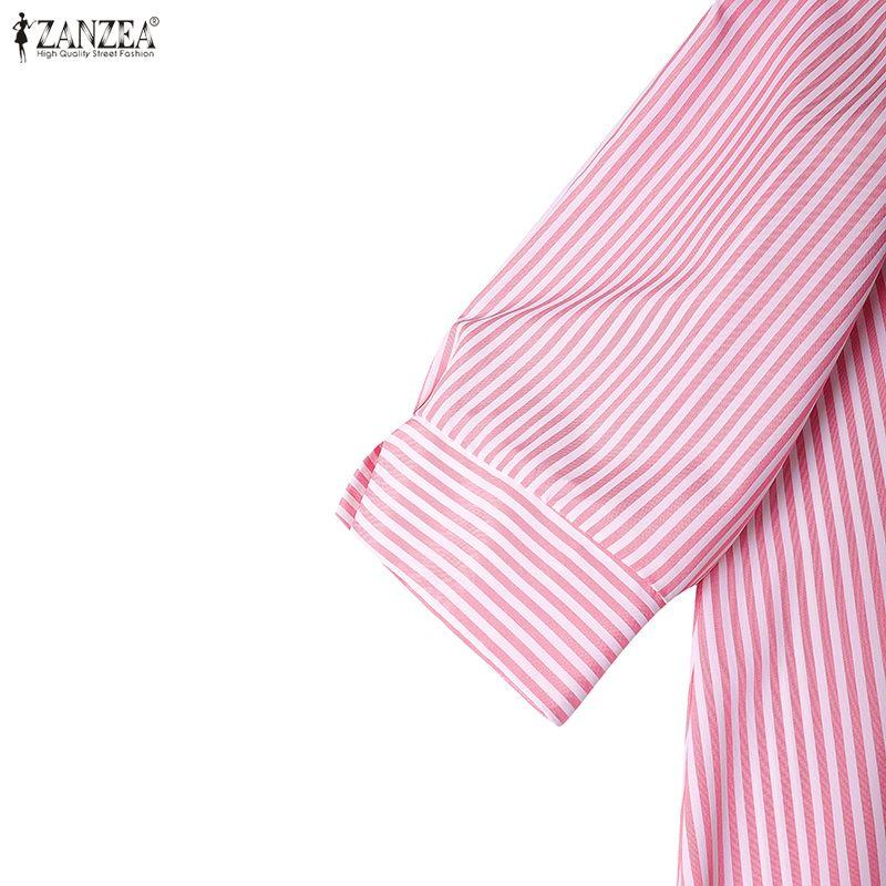 ZANZEA Women Turn Down Collar Long Sleeve Loose Stripe Dress