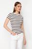 Women's Fashion New Blouse Brown Striped Viscose Soft Fabric Fitted Knitted Blouse