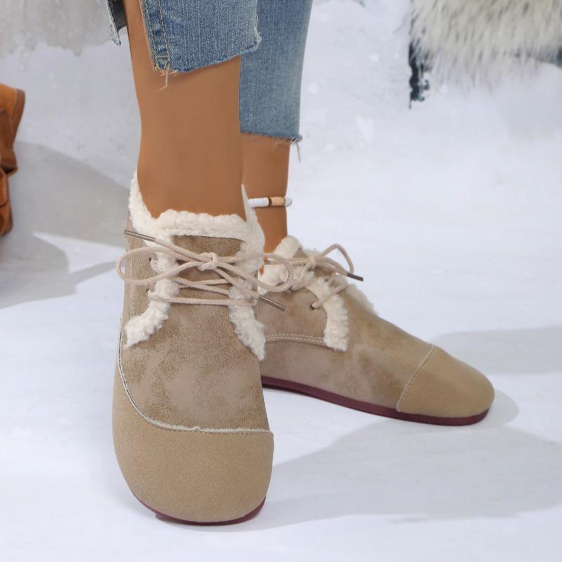 Mode Damen Flats Winter Neu Runde Zehenpartie Tiefer Ausschnitt Zum Schnüren Wildleder Weiche Sohle Rutschfest Abriebfest Baumwollschuhe