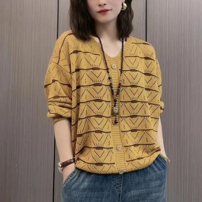 Maglia da donna primaverile ampia con scollo a V e temperamento, top a maniche lunghe traforato