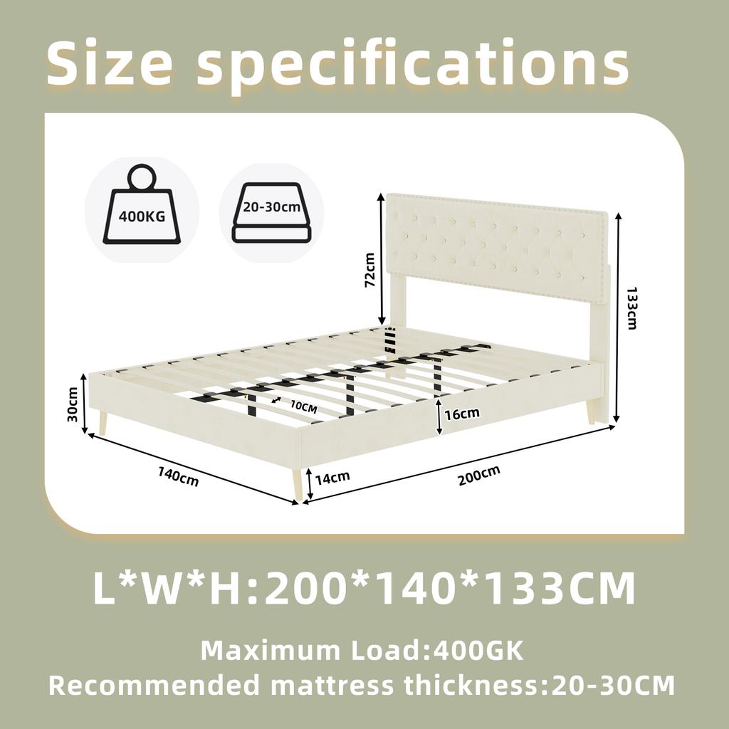 Modern minimalist soft bed, 140*200CM, beige, multifunctional bedroom furniture, low box bed frame without lifting rod, include140*200cm mattress.