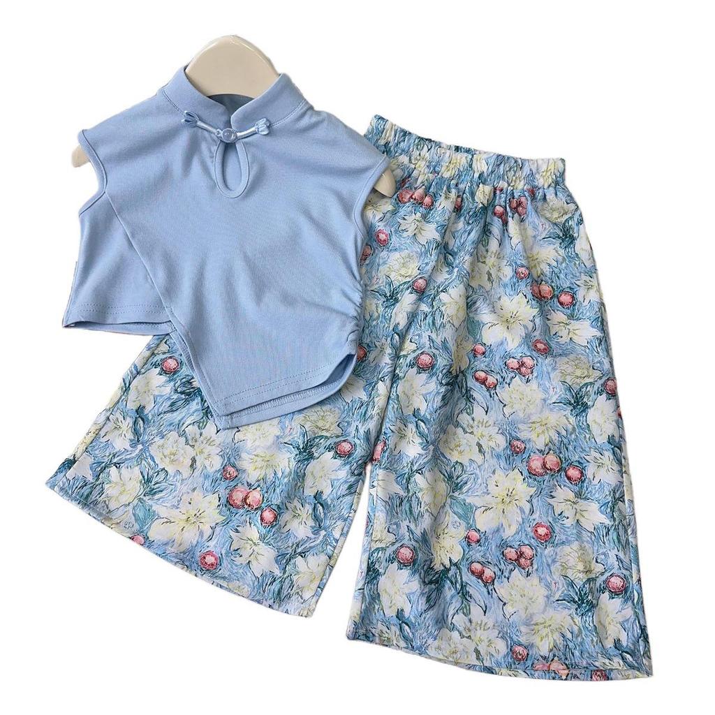 Girls' Chinese Style Tang Suit Summer Two-Piece Set: Fashionable Vest and Pants (AXB612)