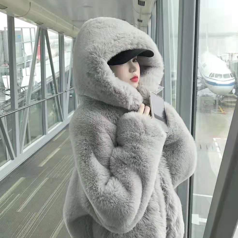 Coat Women's Autumn and Winter Loose Plush Faux Rabbit Fur Hooded Cardigan Women Casual Fashion Medium Length Fur Coat