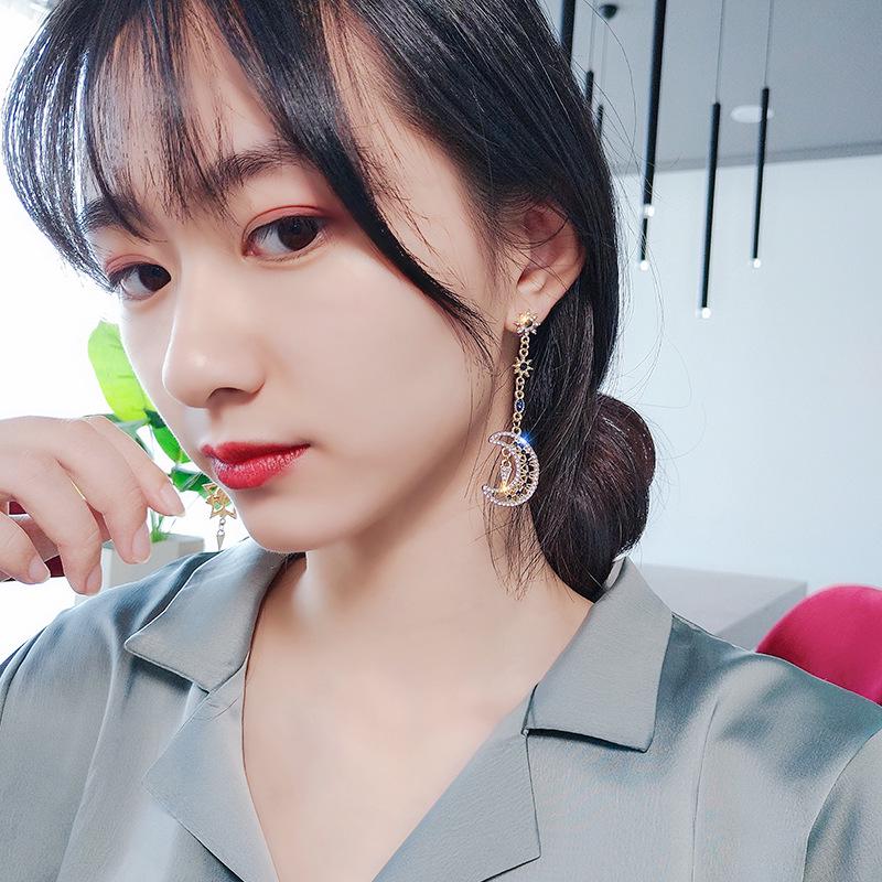 S925 Silver Asymmetrical Star & Moon Earrings with Sapphire