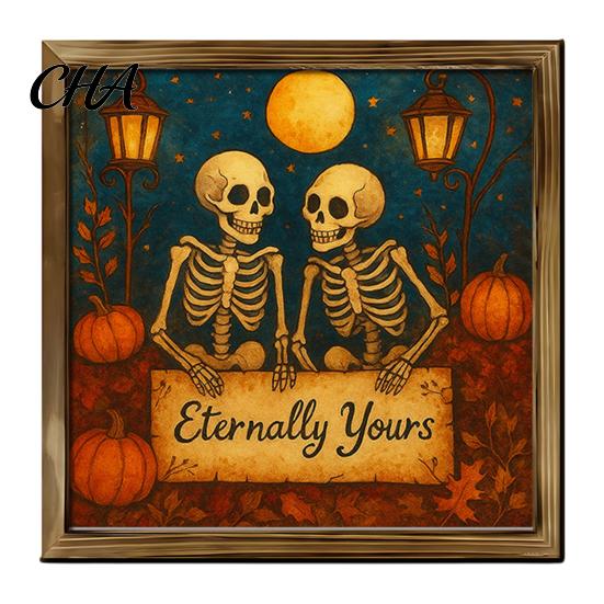 Spooky Fireplace Shelf Accents Halloween Ghost/Witch/Skeleton Decorative Painting, Wall Mount Square Wood Frame Wooden Decor Picture for Home Tabletop