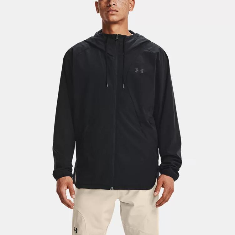Under Armour Woven Series Pure Color Logo Hooded Windbreaker Jacket Men Black 1361612-001