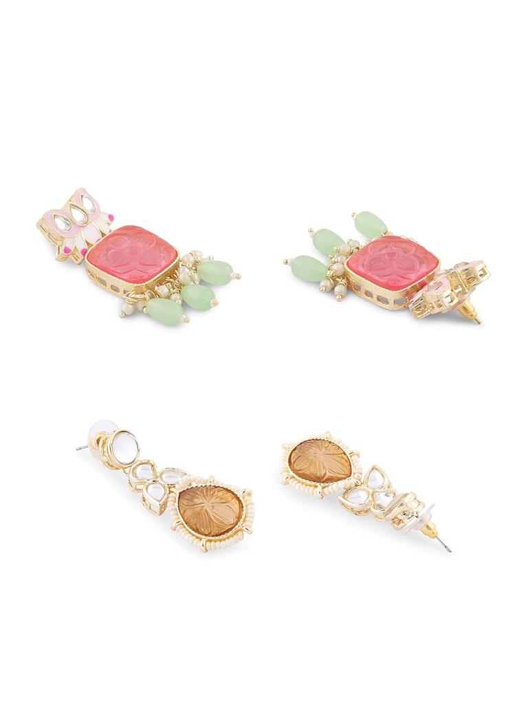 Set of 2 Multicolor Ethnic Enamel Yellow Gold Drop Earrings For Women